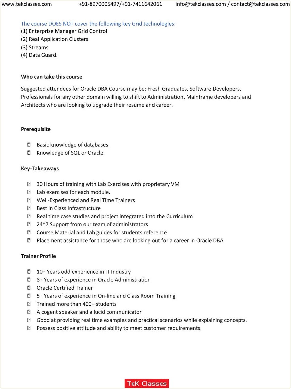 Oracle Dba 5 Years Experience Resume