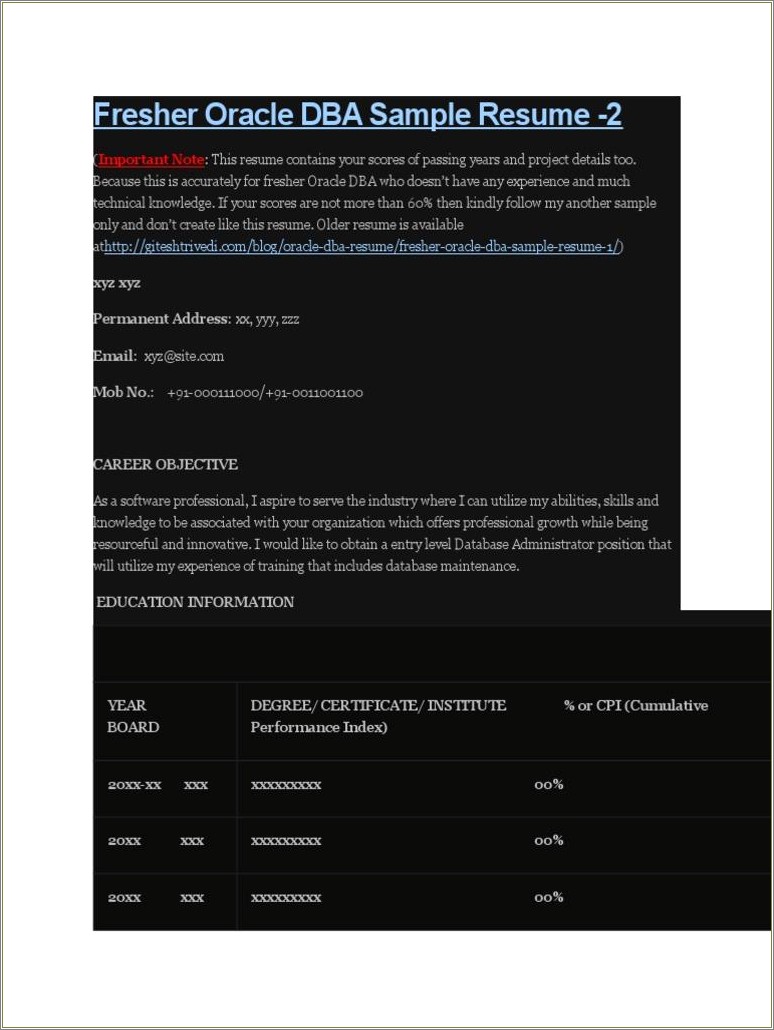 Oracle Dba Fresher Resume Sample Doc