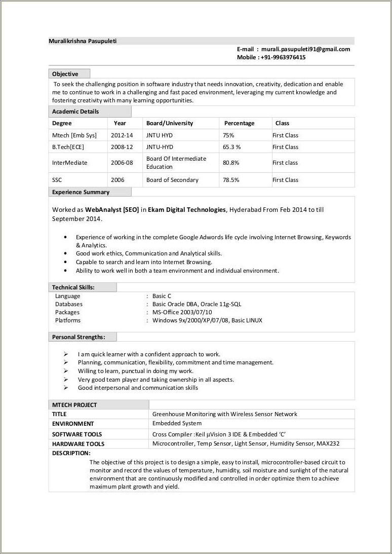 Oracle Dba One Year Experience Resume Sample