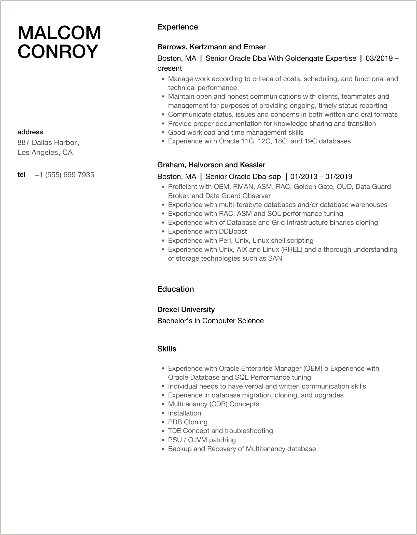 Oracle Dba Resume 8 Years Experience