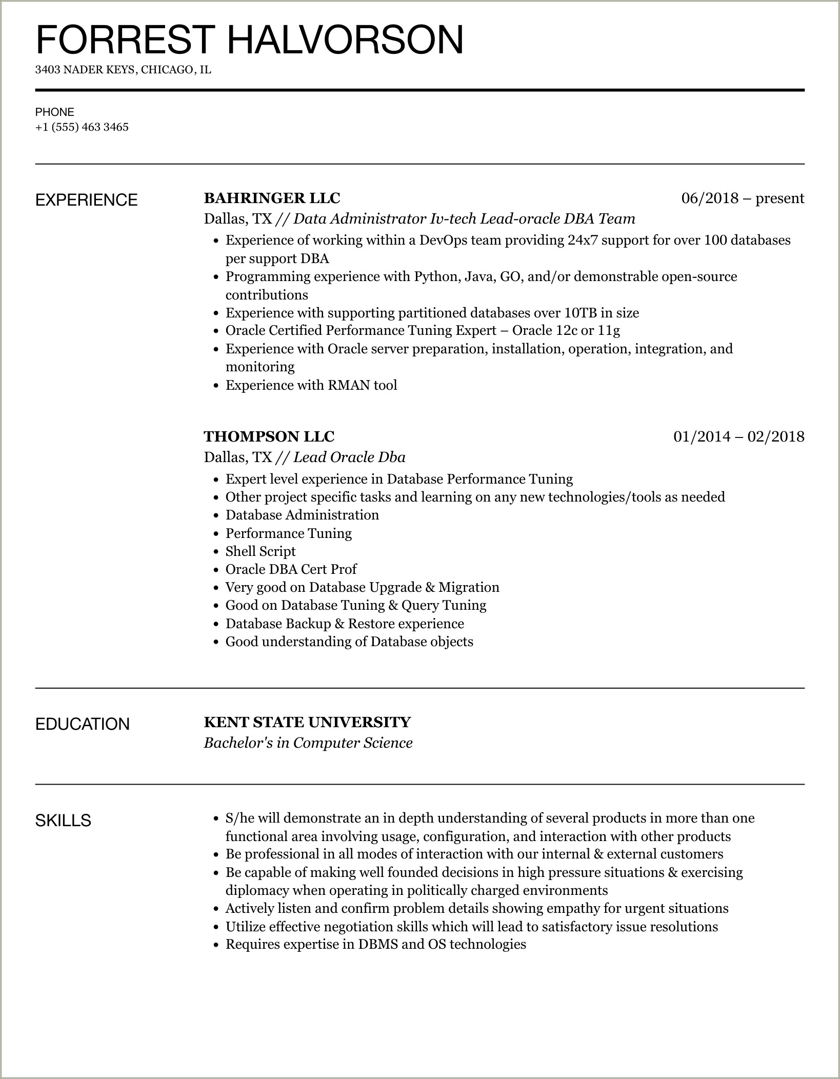 Oracle Dba Resume For 6 Years Experience