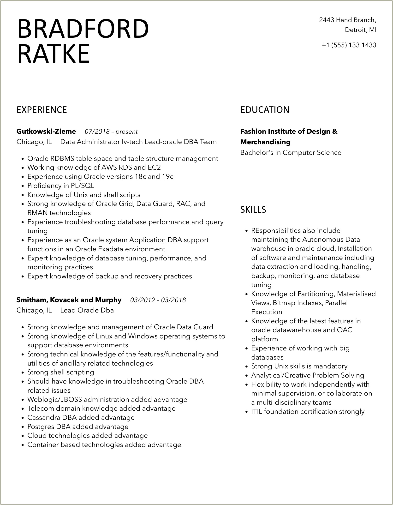 Oracle Dba Resume For 7 Years Experience 2018