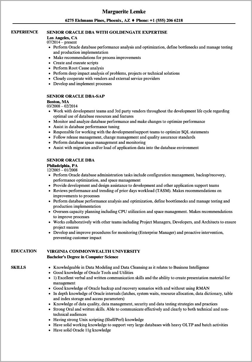 Oracle Dba Sample Resume For 4 Year Experience
