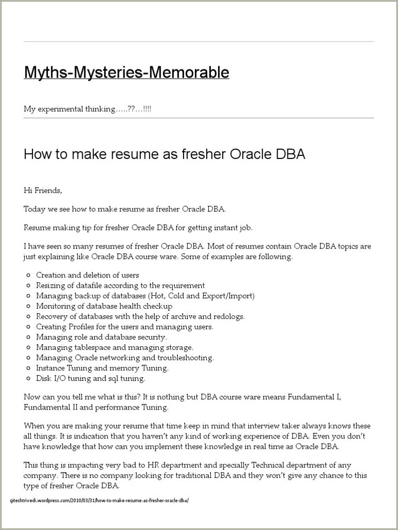 Oracle Dba Sample Resume For Freshers