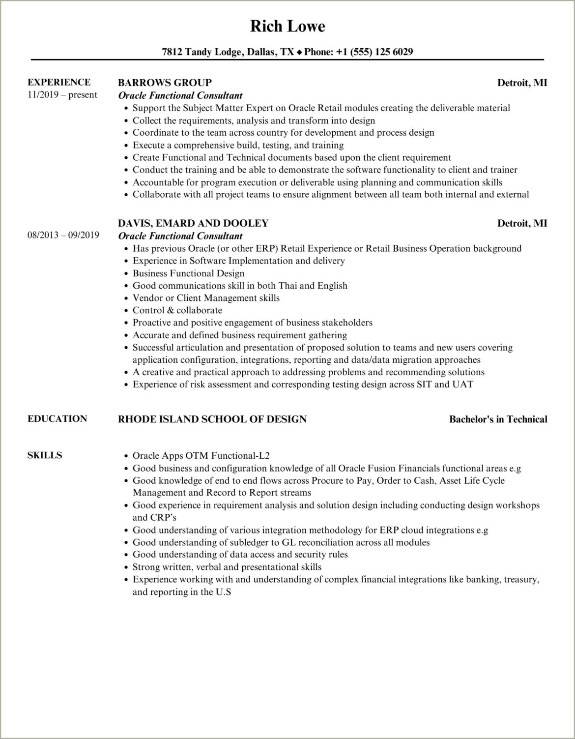 Oracle Financial Functional Consultant Sample Resume