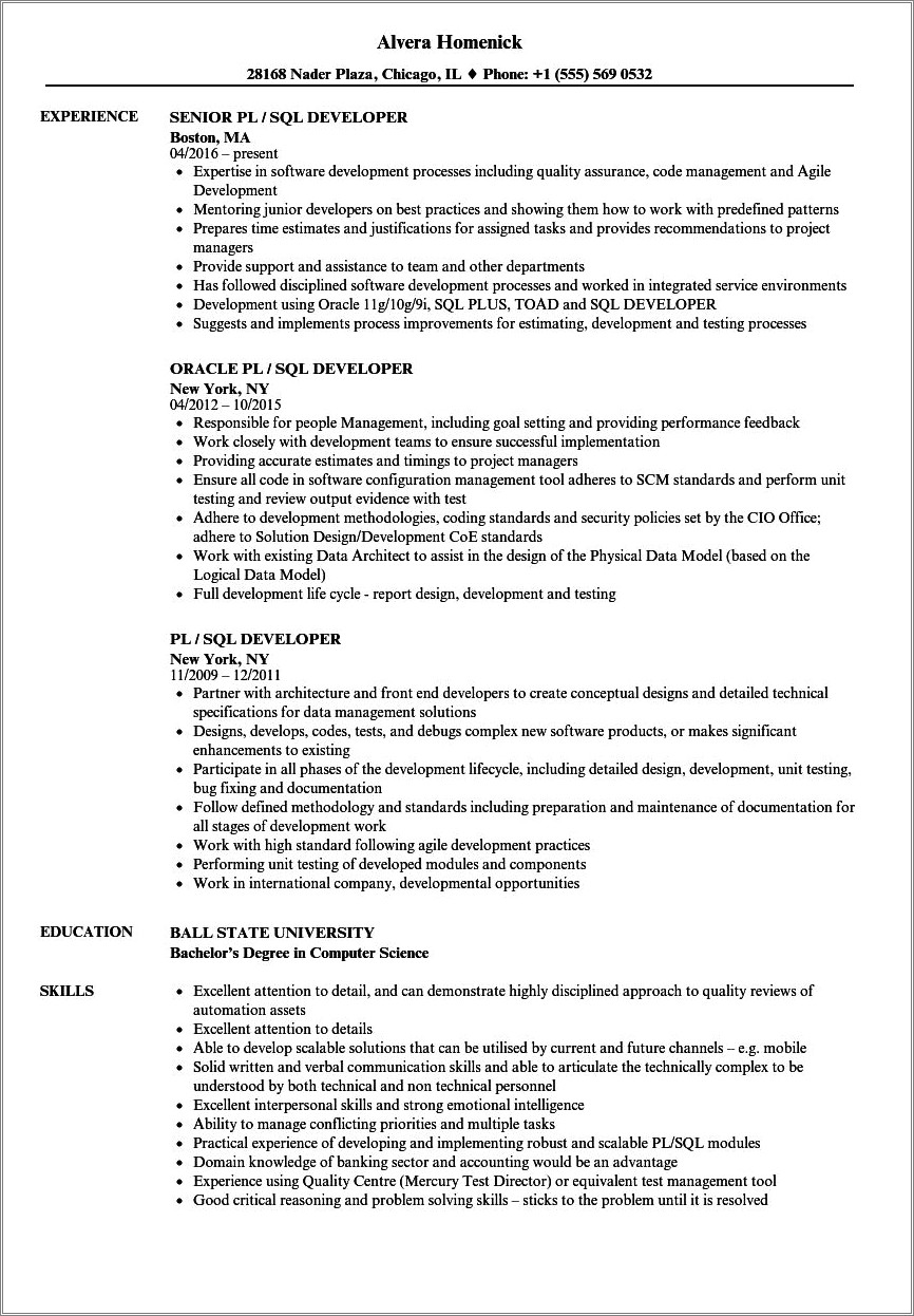 Oracle Pl Sql 2 Years Experience Resume