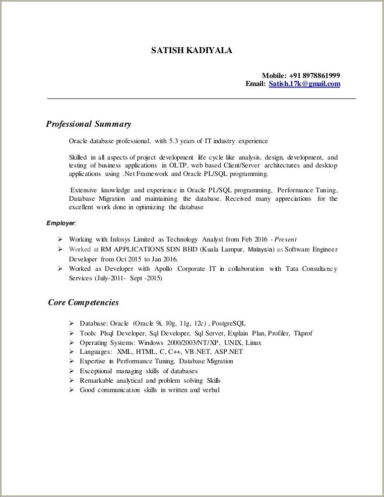 Oracle Pl Sql Resume For 3 Years Experience