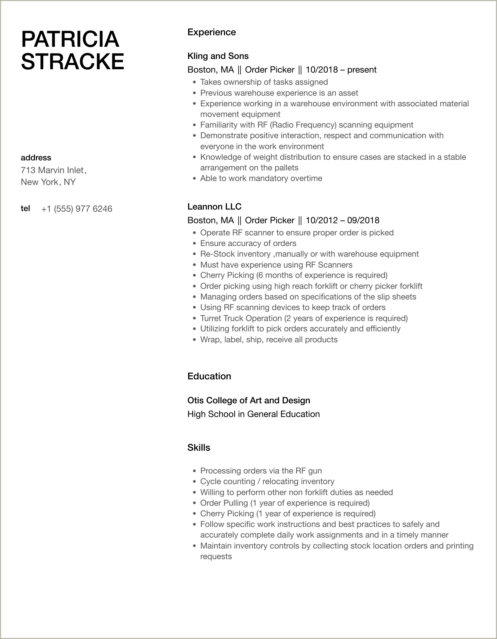 Order Selector Job Description For Resume