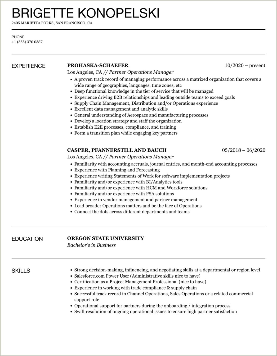 Oregon Service Partner Resume Examples 2018