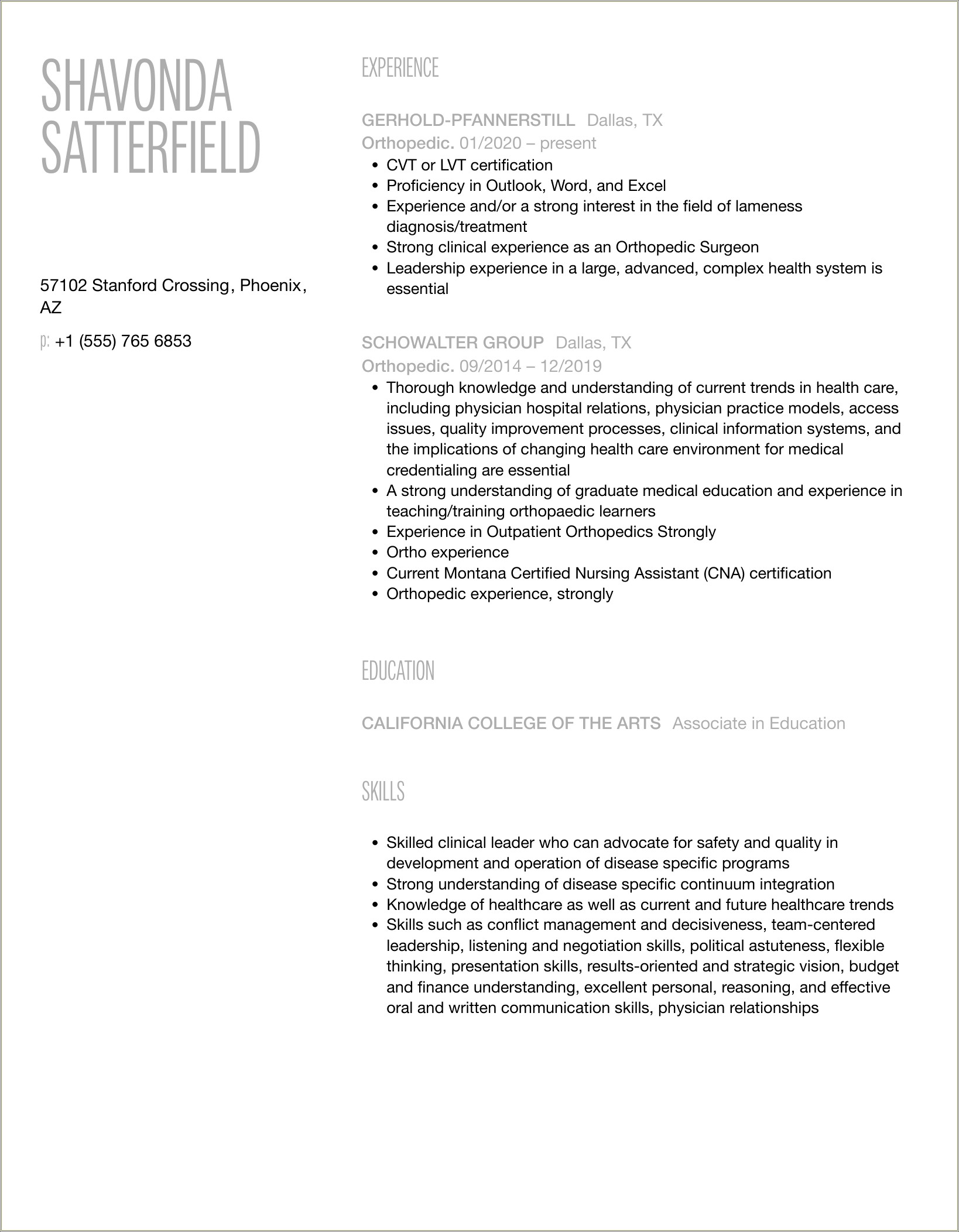 Orthopedic Surgical Coordinating Manager Resume Sample