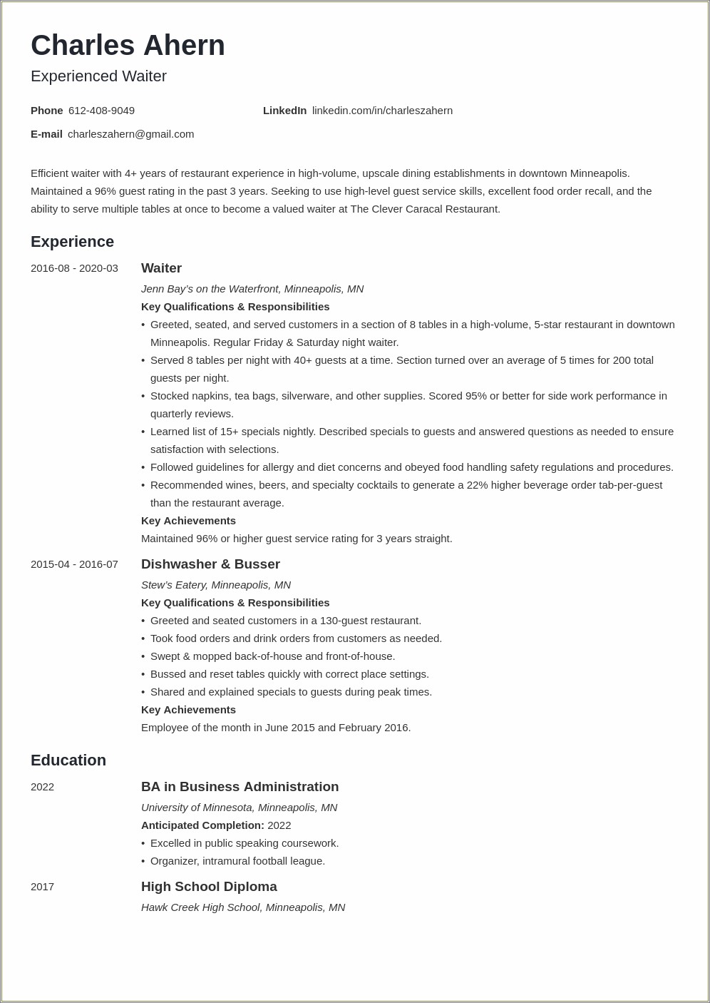 Other Words For Waitress On Resume