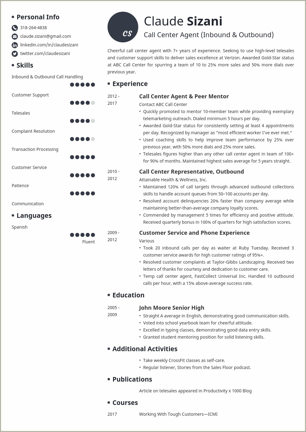 Outbound Call Center Agent Resume Sample