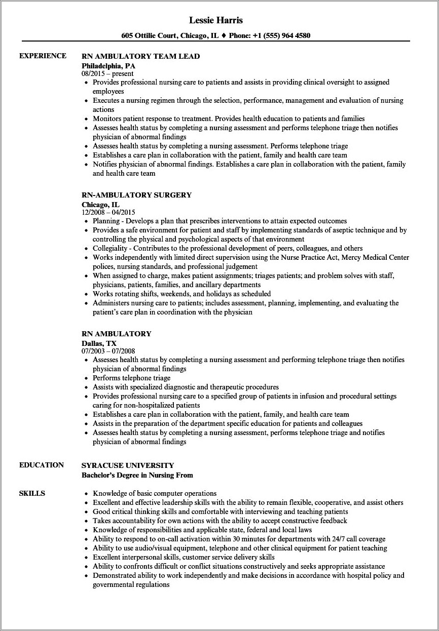 Outpatient Surgery Rn Job Description Resume