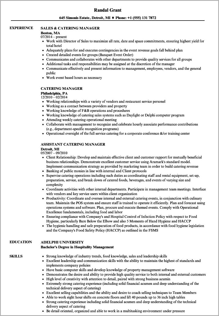 Outside Catering Sales Manager Resume Sample