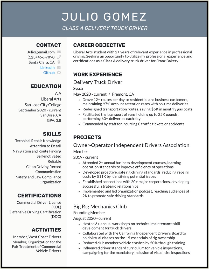 Over The Road Truck Driver Resume Sample