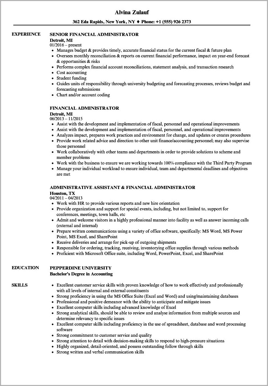 Overseeing Budgets And Accounting Administrative Job On Resume