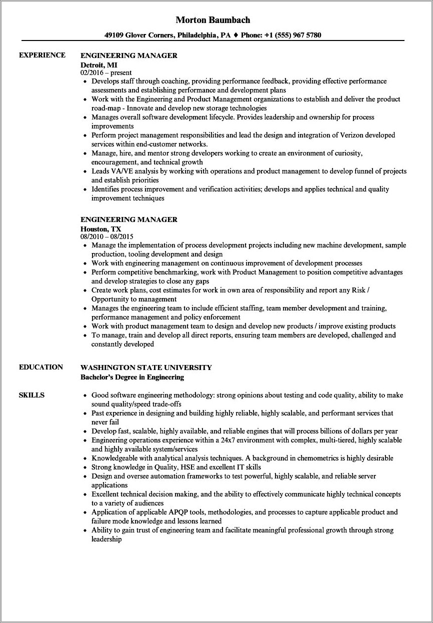 Overview Resume Examples Engineering Management Junior