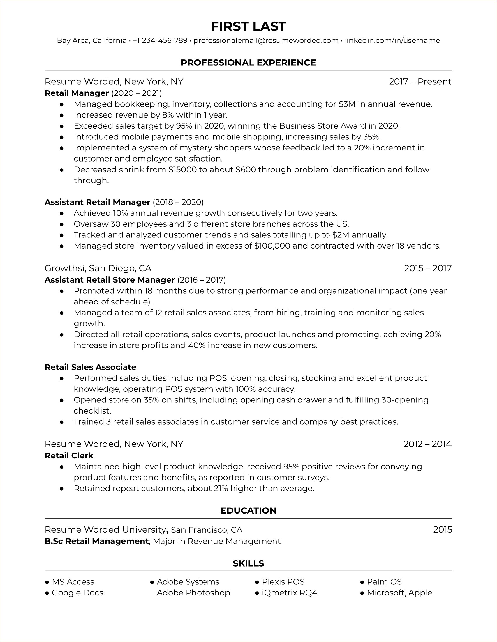 Overview Sentence For A Retail Job In Resume