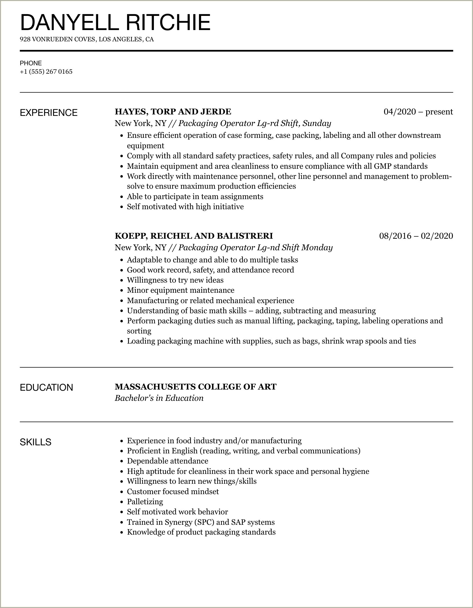 Packaging Operator Job Description For Resume