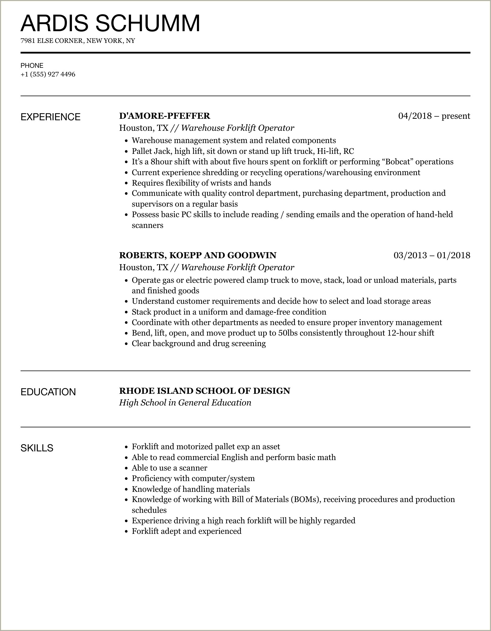 Pallet Jack Operator Job Description For Resume