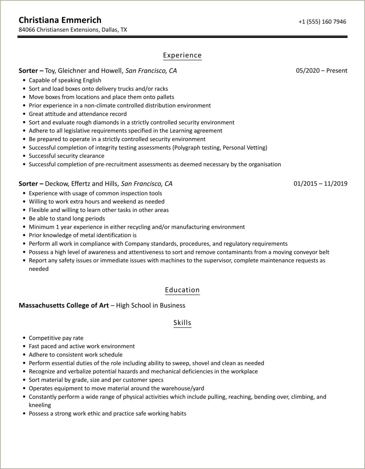 Pallet Sorter Job Description For Resume