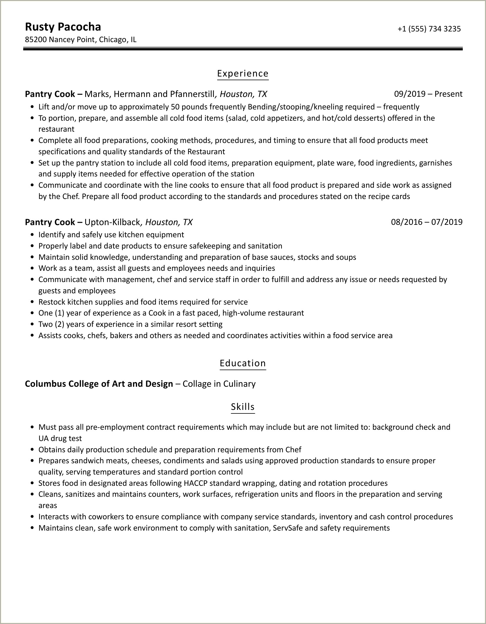 Pantry Worker Job Description For Resume