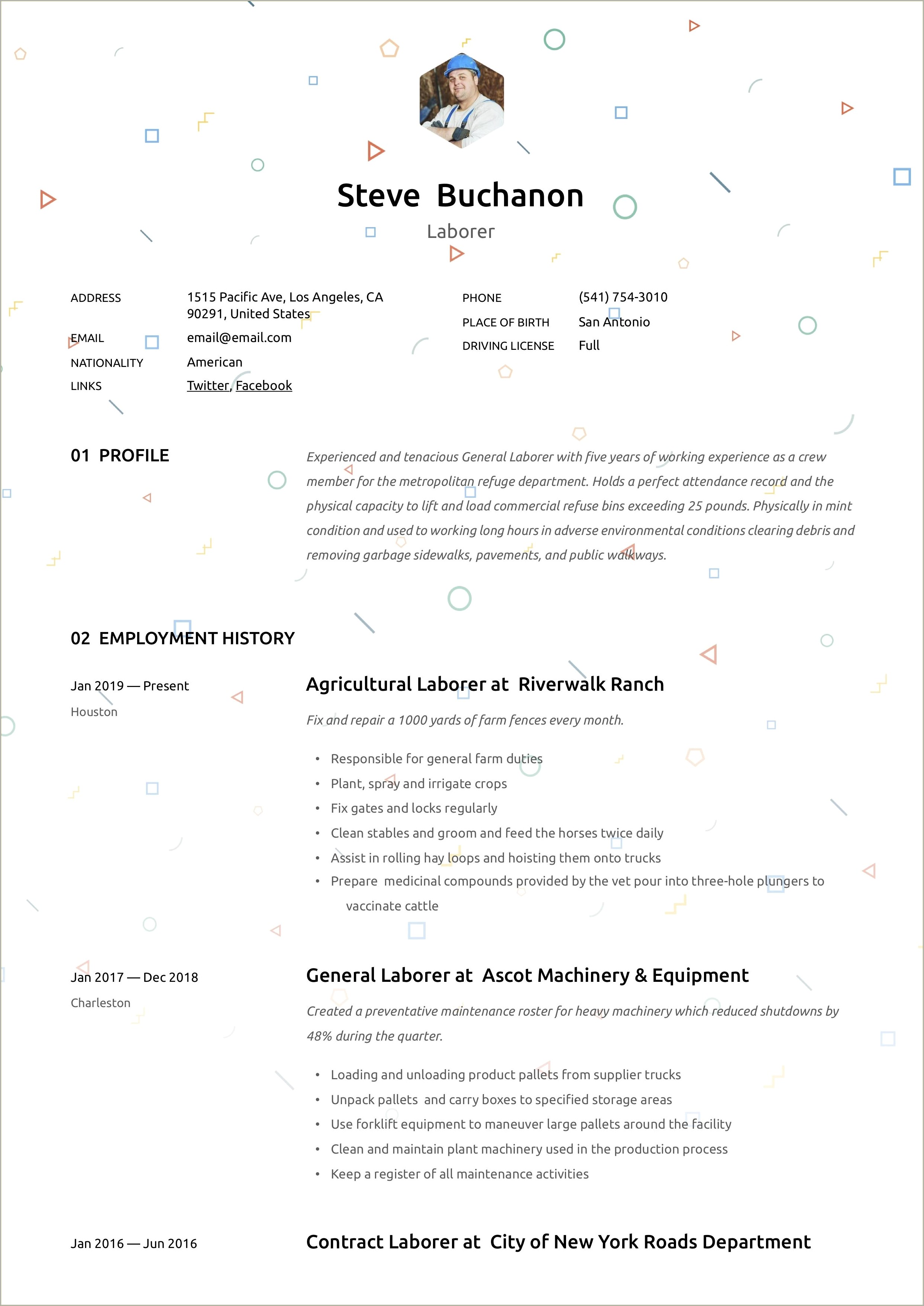 Parks And Gardens Labourer Resume Sample