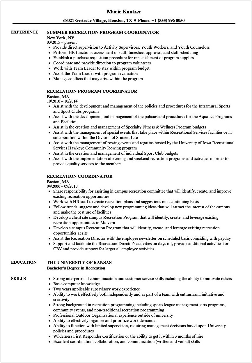 Parks And Recreation Skills On Resume