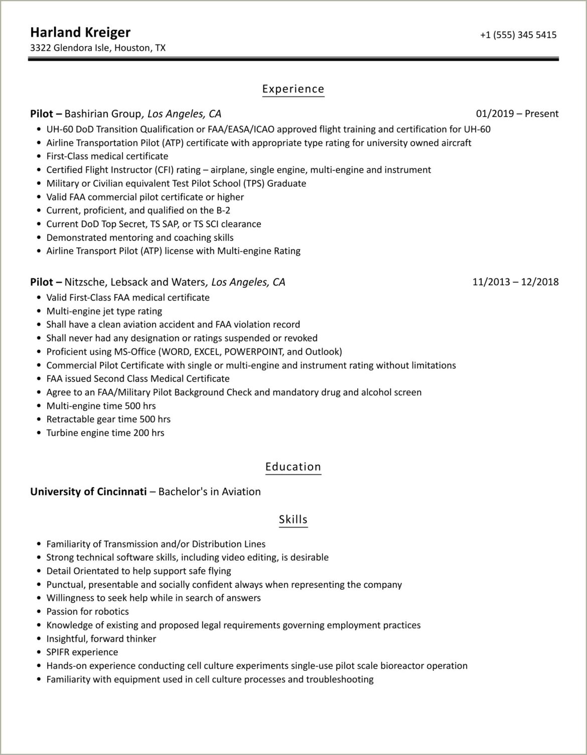 Part 121 First Officer Resume Sample