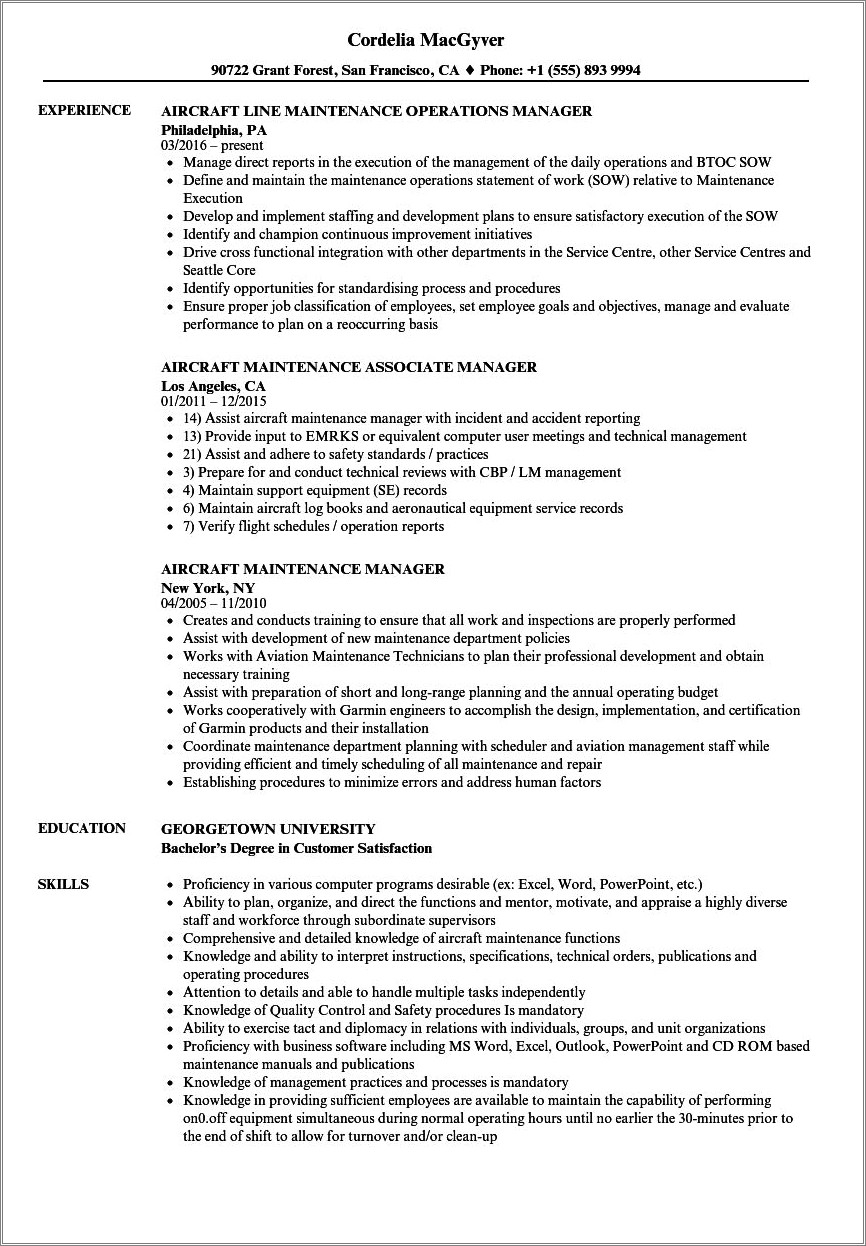 Part 145 Repair Station Quality Manager Resume Example