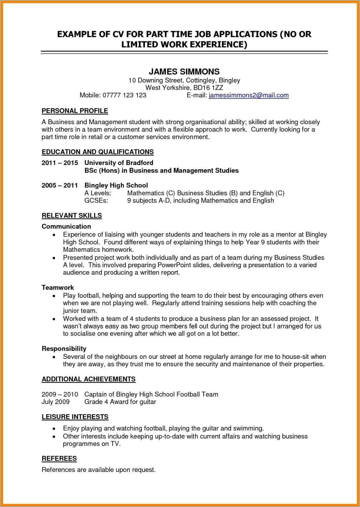 Part Time Job Description For Resume