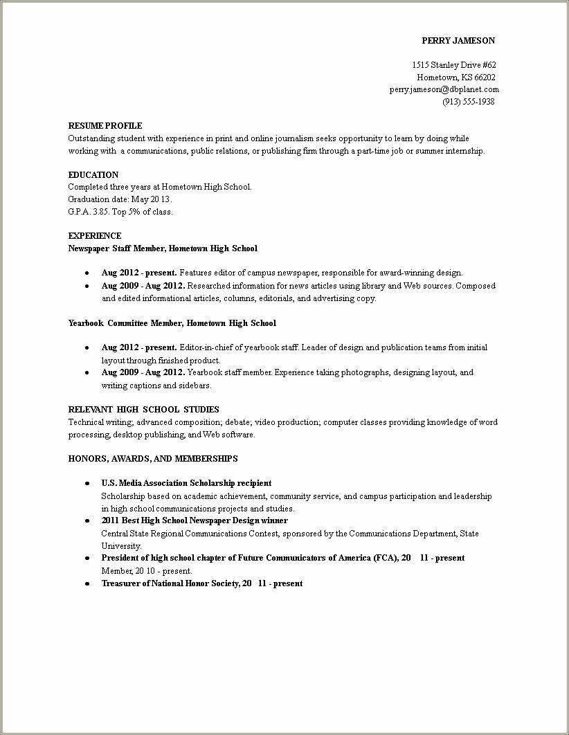 Part Time Job Summary For Resume