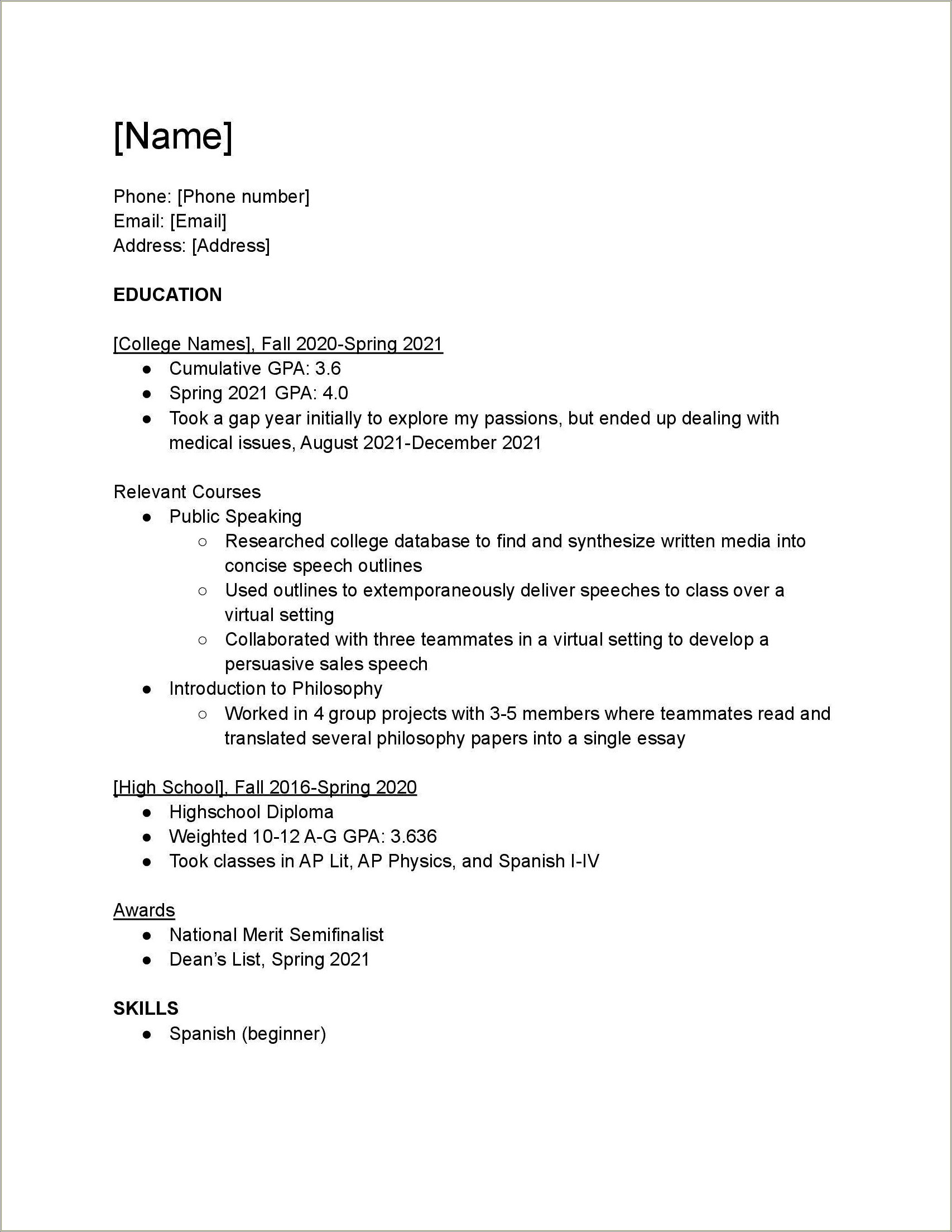 Part Time Resume With No Work Experience