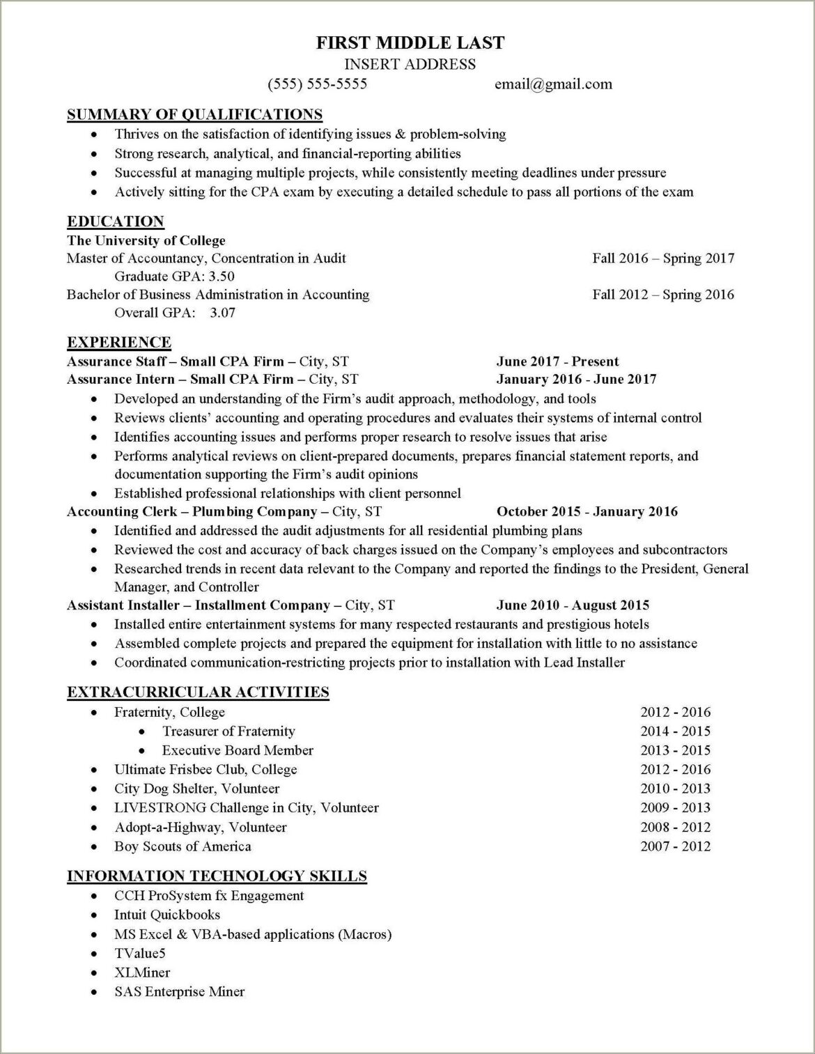 Passed Cpa But Need Experience Resume