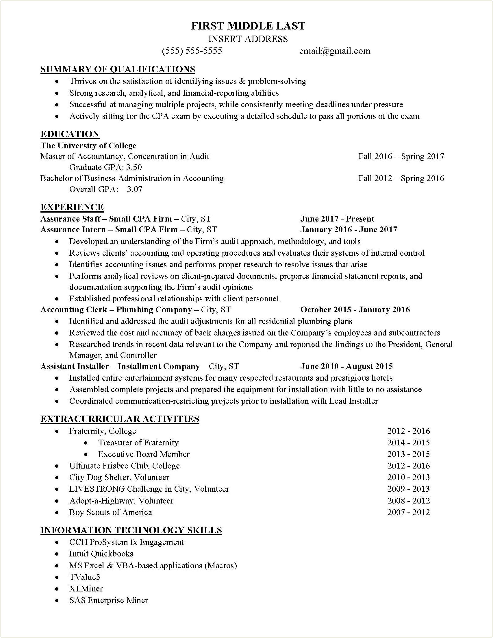 Passed Cpa But Need Experience Resume