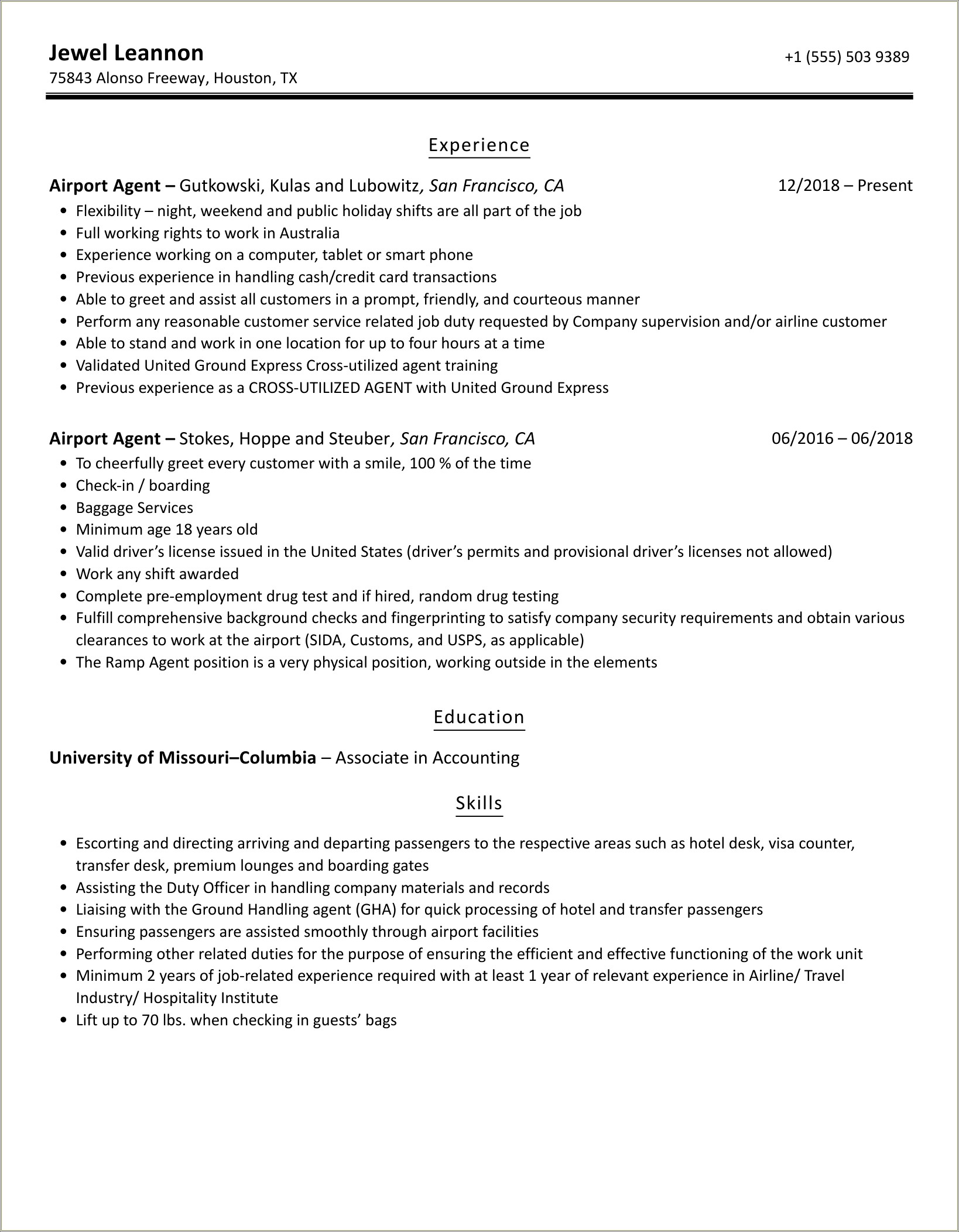 Passenger Service Agent Job Description For Resume