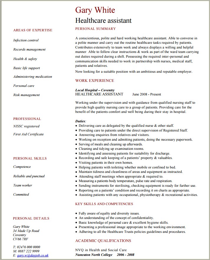 Pateient Care Assitant Resume Job Description