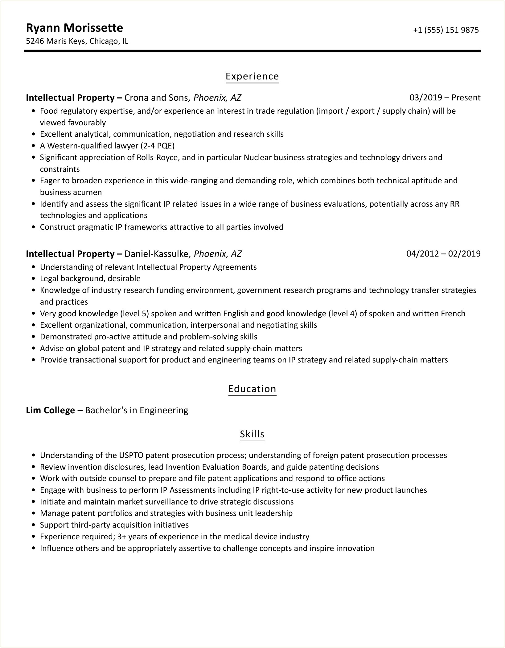 Patent Agent Resume For Law School