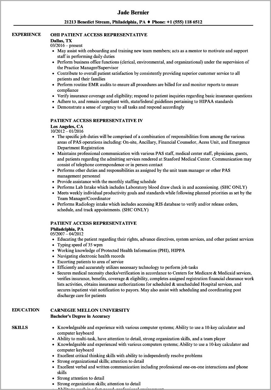 Patient Access Associate Resume Objective Examples