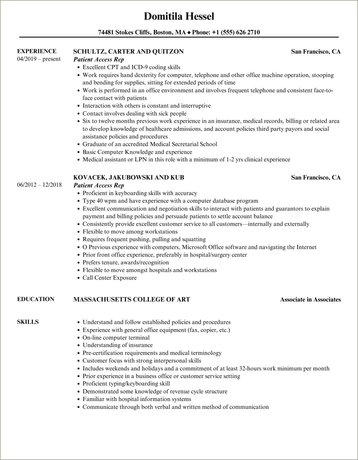 Patient Access Representative Resume No Experience