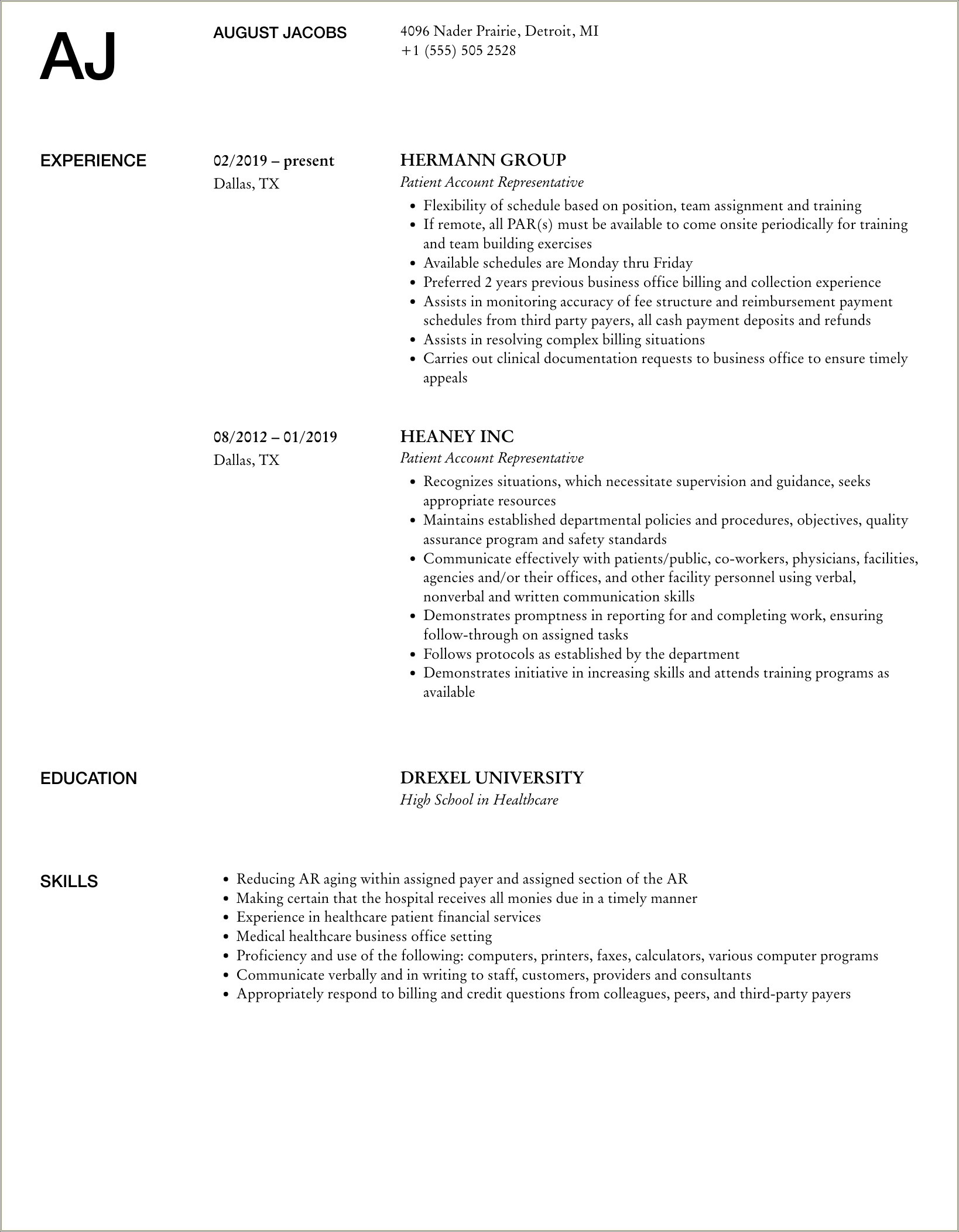 Patient Account Representative Resume Cover Letter