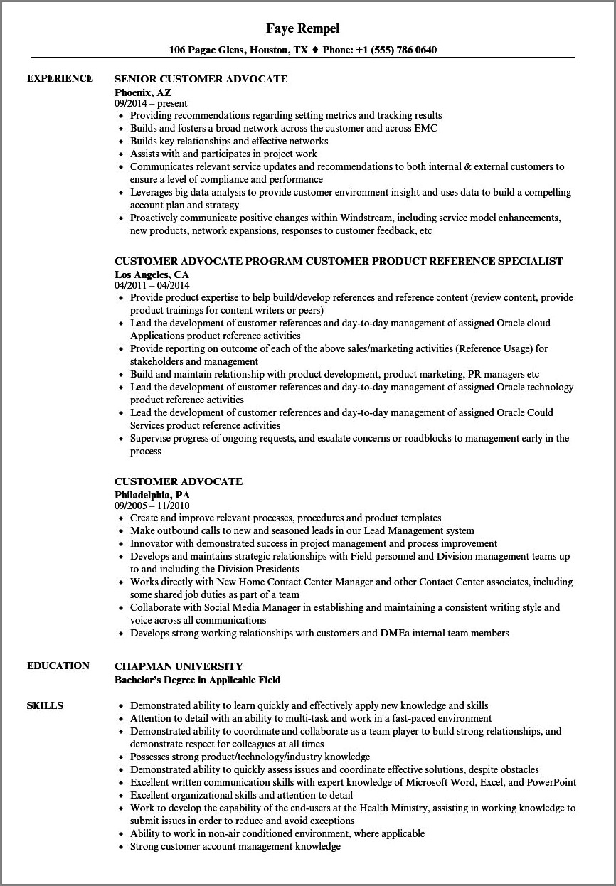 Patient Advocacy Job Description For Resume