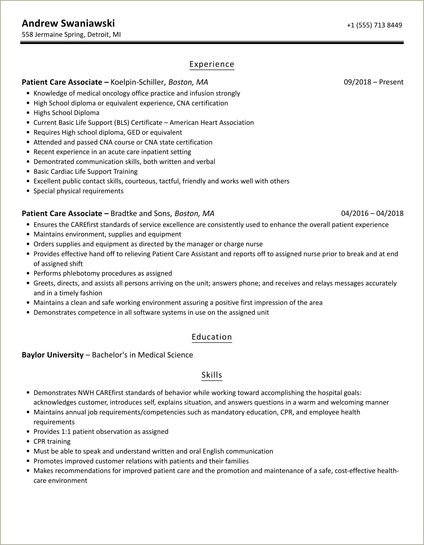 Patient Care Associate Job Description For Resume