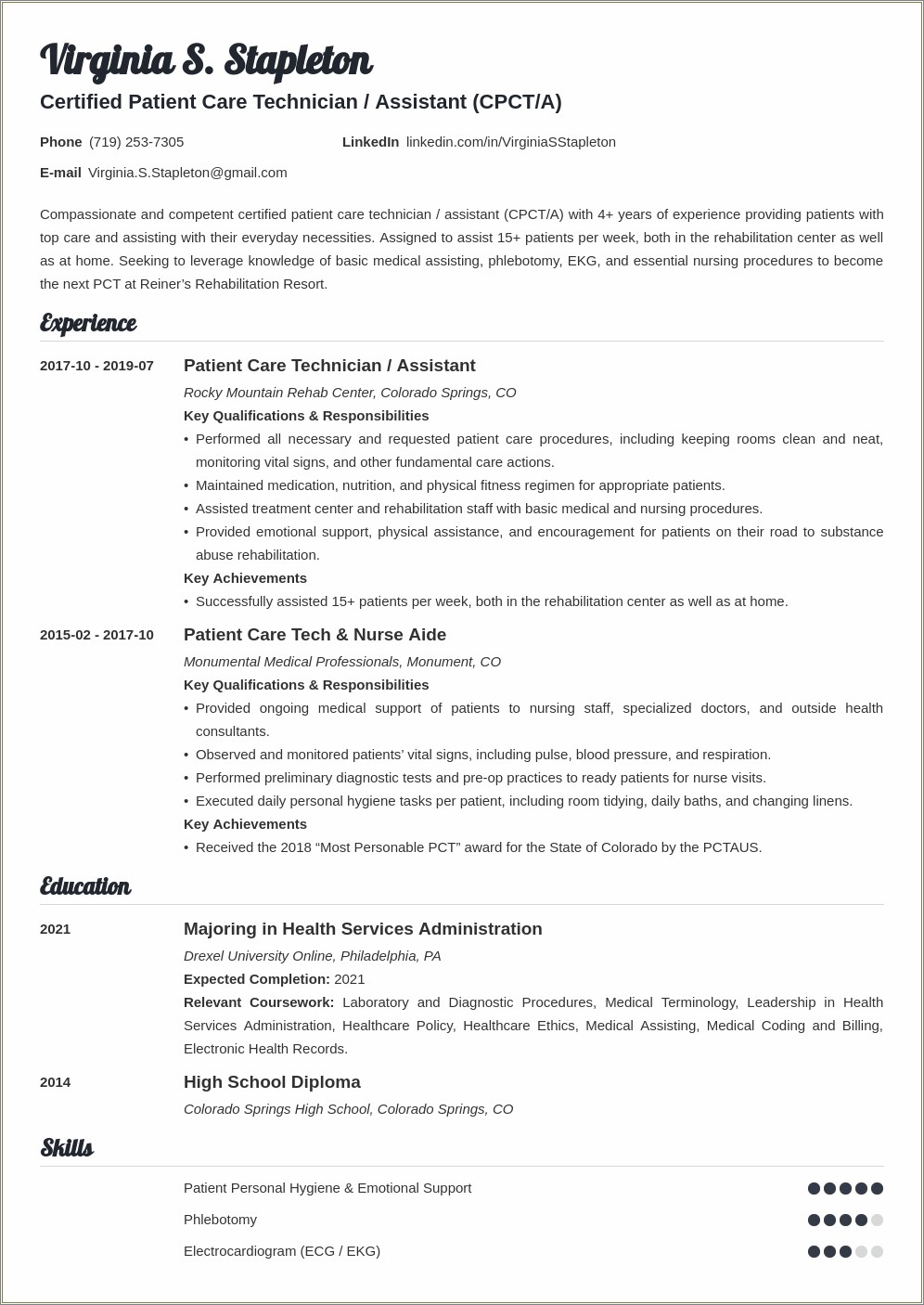 Patient Care Tech Description For Resume