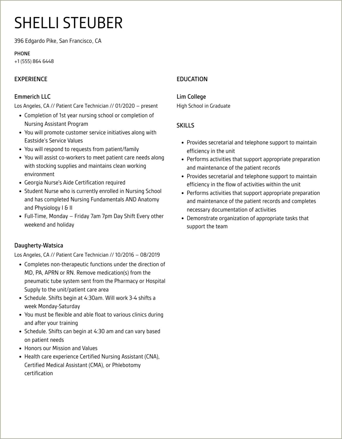 Patient Care Tech Skills On Resume