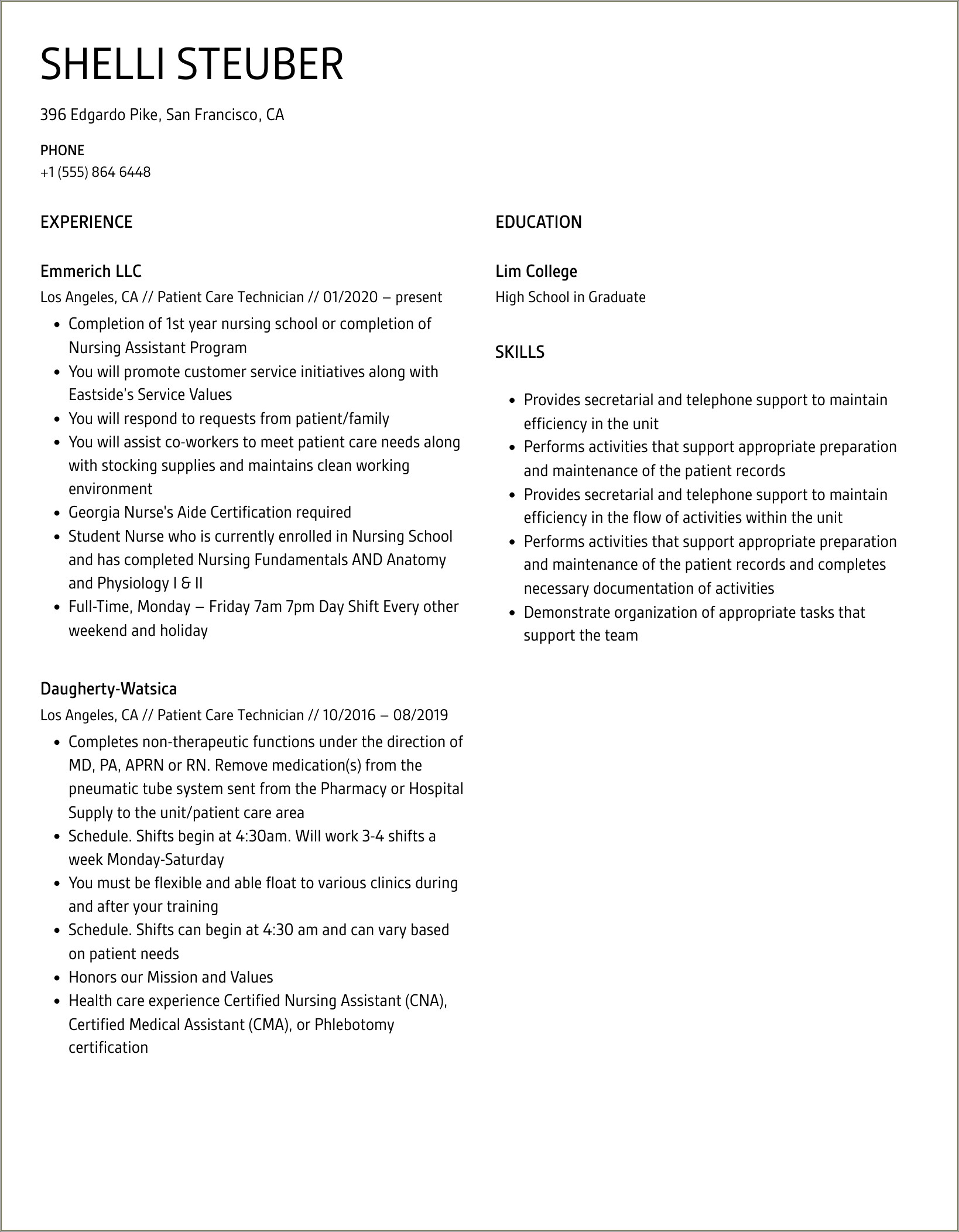 Patient Care Tech Skills On Resume