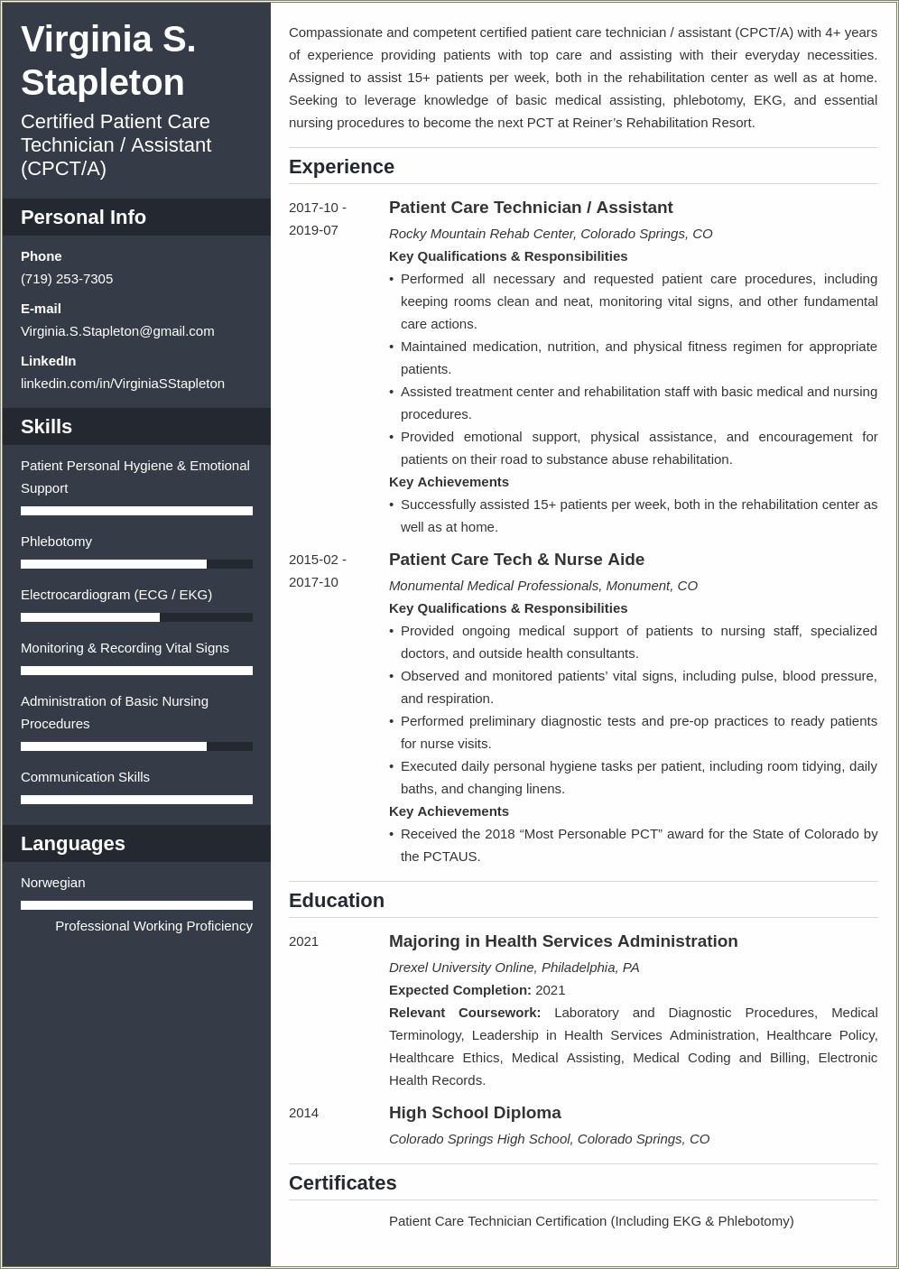 Patient Care Technician Job Description For Resume
