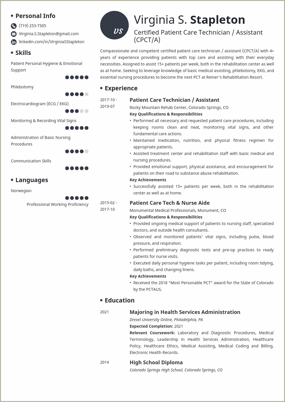 Patient Care Technician Pct Resume Ability Summary