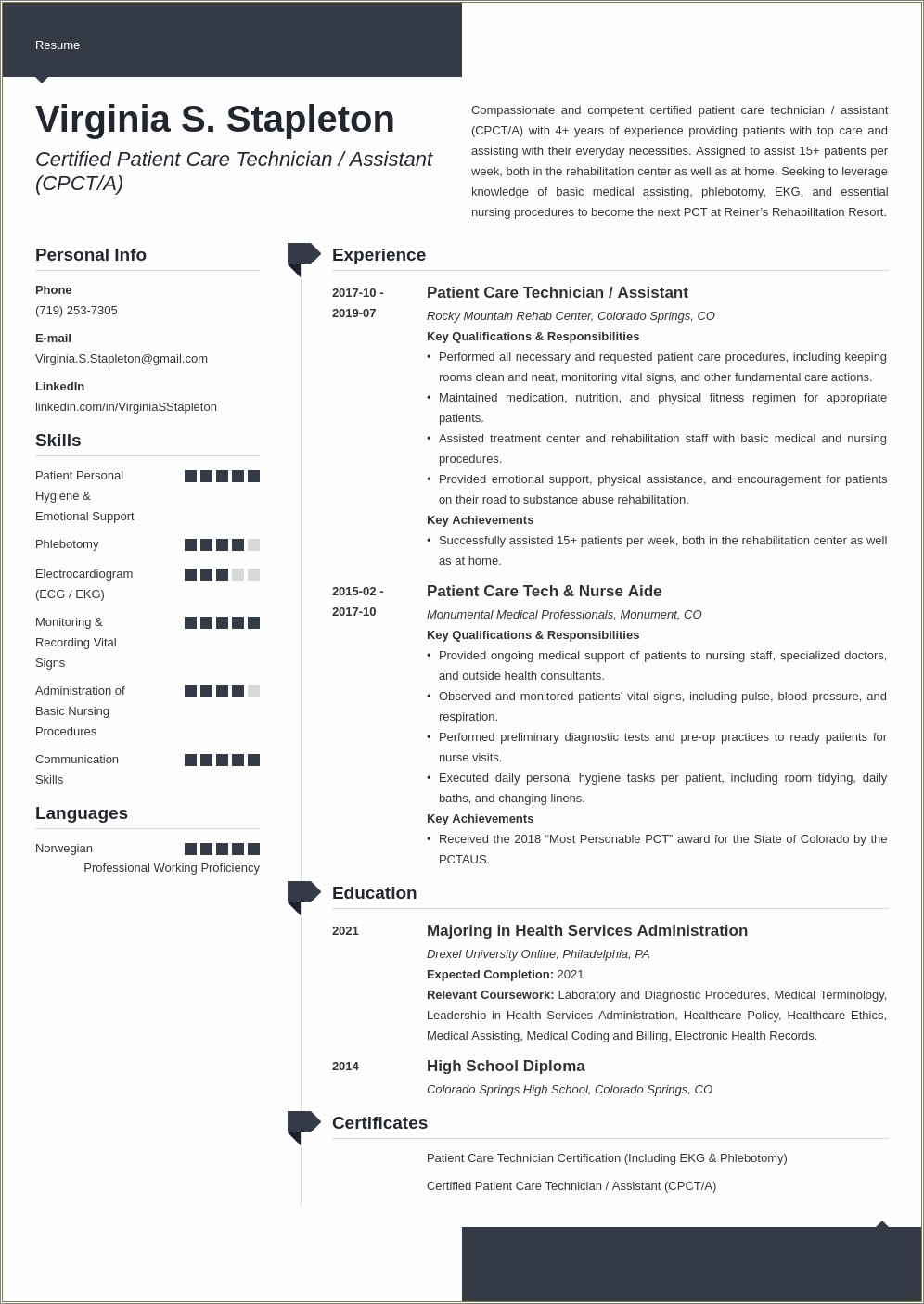 Patient Care Technician Pct Resume Sample