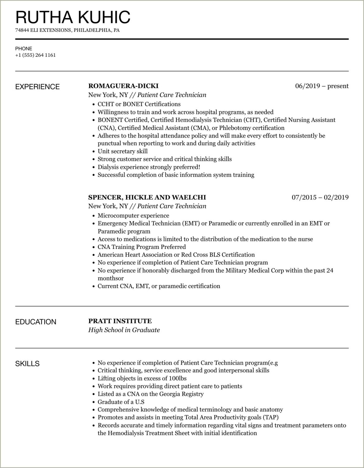 Patient Care Technician Summary For Resume